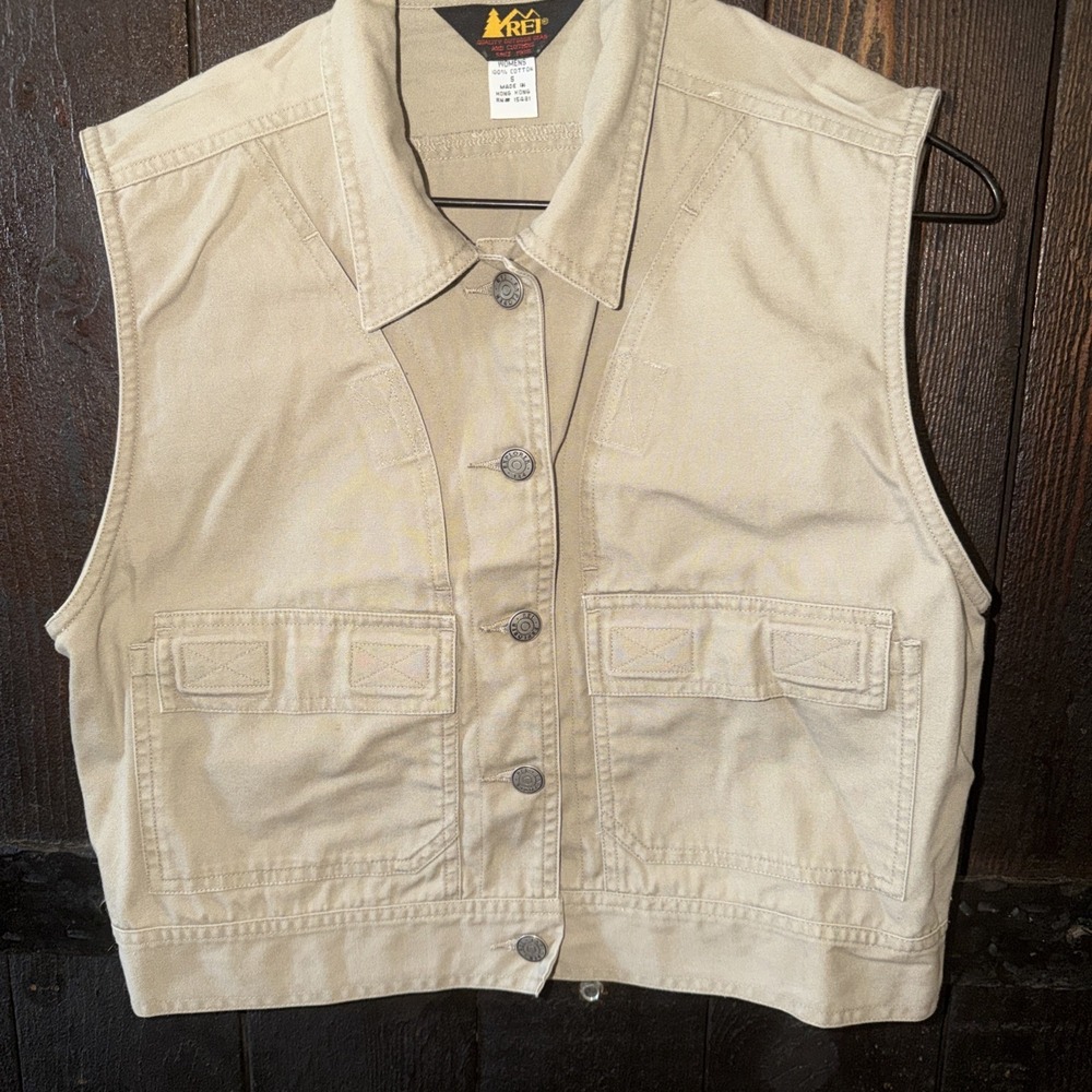Vintage REI 100% Cotton Safari Utility Vest Womens Sz Small khaki Outdoors Q
